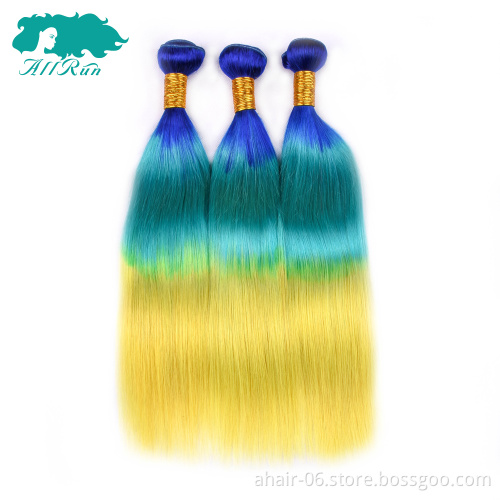 virgin remy color hair bundles, 3 tone blue/green/yellow human hair extension